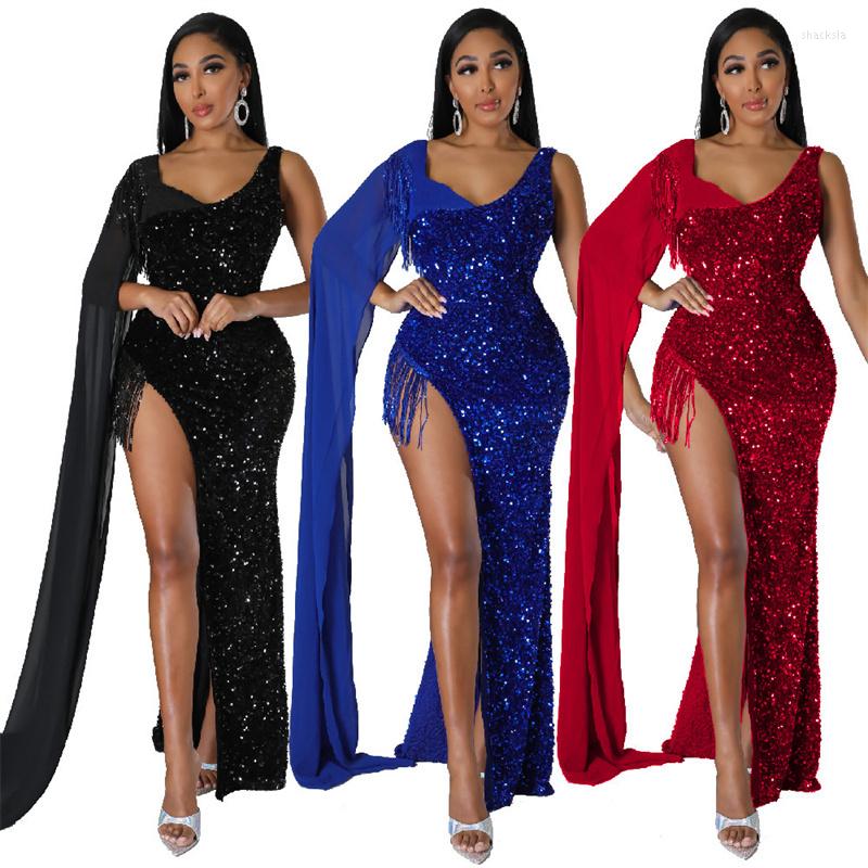 

Casual Dresses Women Sequined One Mesh Clock Sleeve High Side Slit Tassel Bodycon Midi Maxi Long 2023 Evening Sexy Party Club, Dd 9304 red