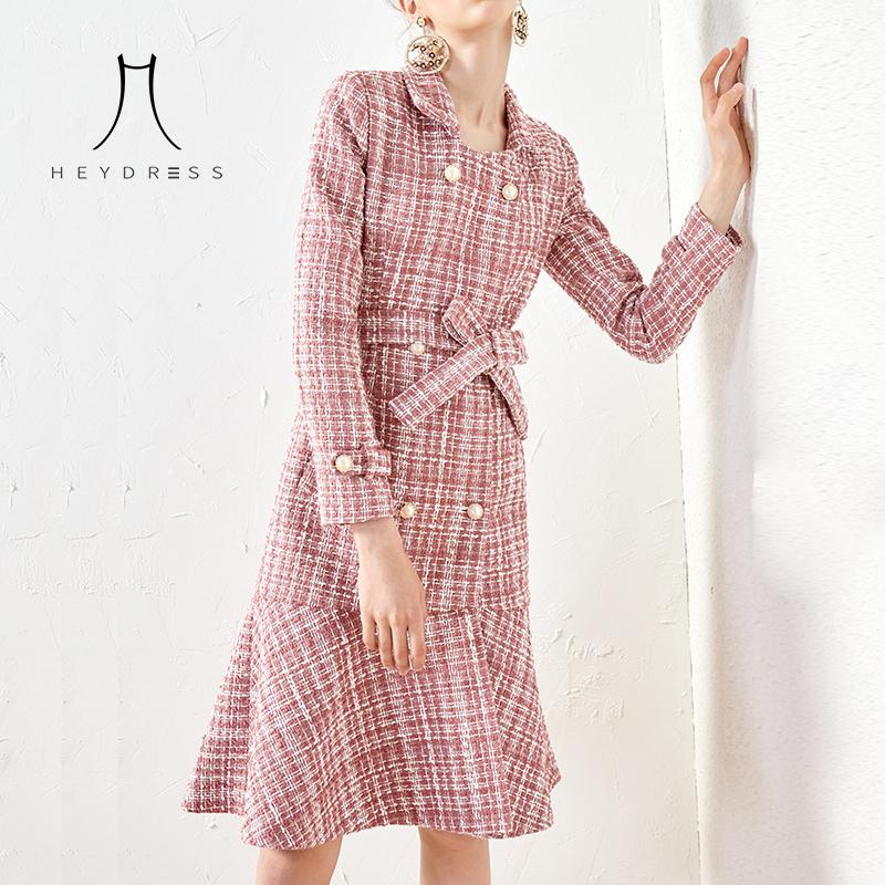 

Women' Wool & Blends Heydress Women Plaid Coarse Flowers Fishtail Pendulum Coat Autumn Females Double-breasted Medium Long Woolen Overcoats