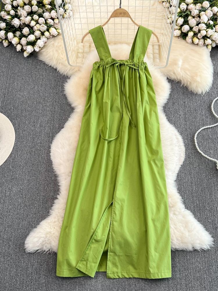 

Casual Dresses French Vintage Temperament Loose Sling Dress Beach Holiday Premium Sleeveless Open Back Split, Green