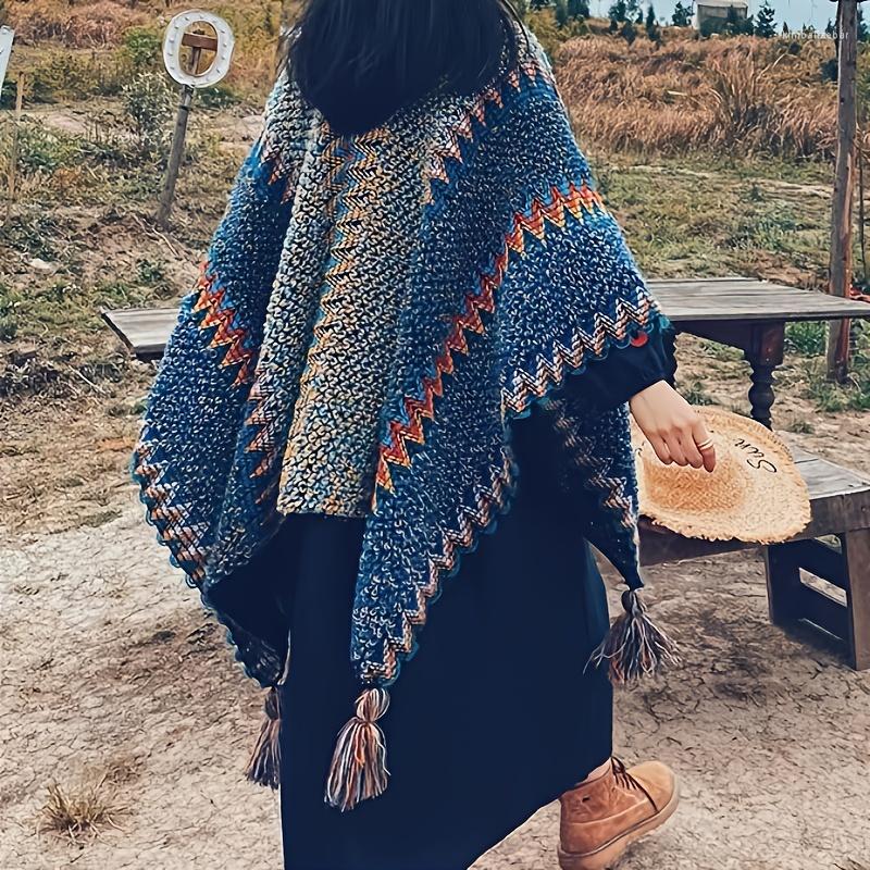 

Scarves 2023 Ladies Ethnic Style Winter Poncho Shawl Women's Travel Cloak Fashion Long Tassel Thicken Knitted Warm Cape Scarf