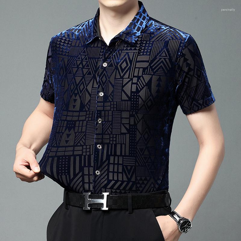 

Men's Dress Shirts Short Sleeve Summer Sexy Elastic Prom Shirt Camisa Masculina Chemise Homme Flower See Through Gold Velvet Hollow Tops, Black