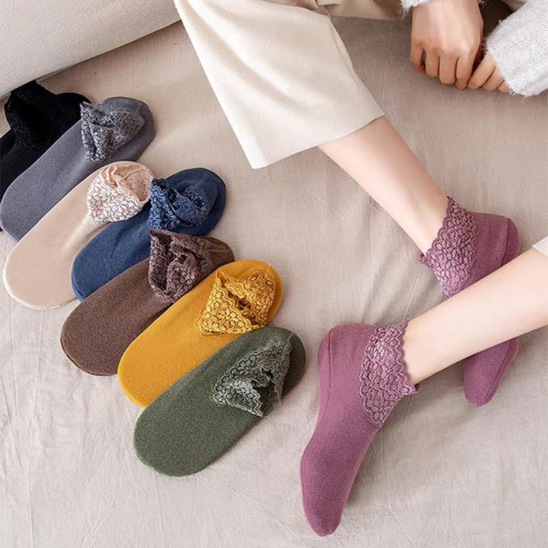 

Women Socks 5 Pairs Winter Warm Thicken Thermal Soft Solid Color Wool Cashmere Snow Boots Velvet Lace Home Floor Sock, Black