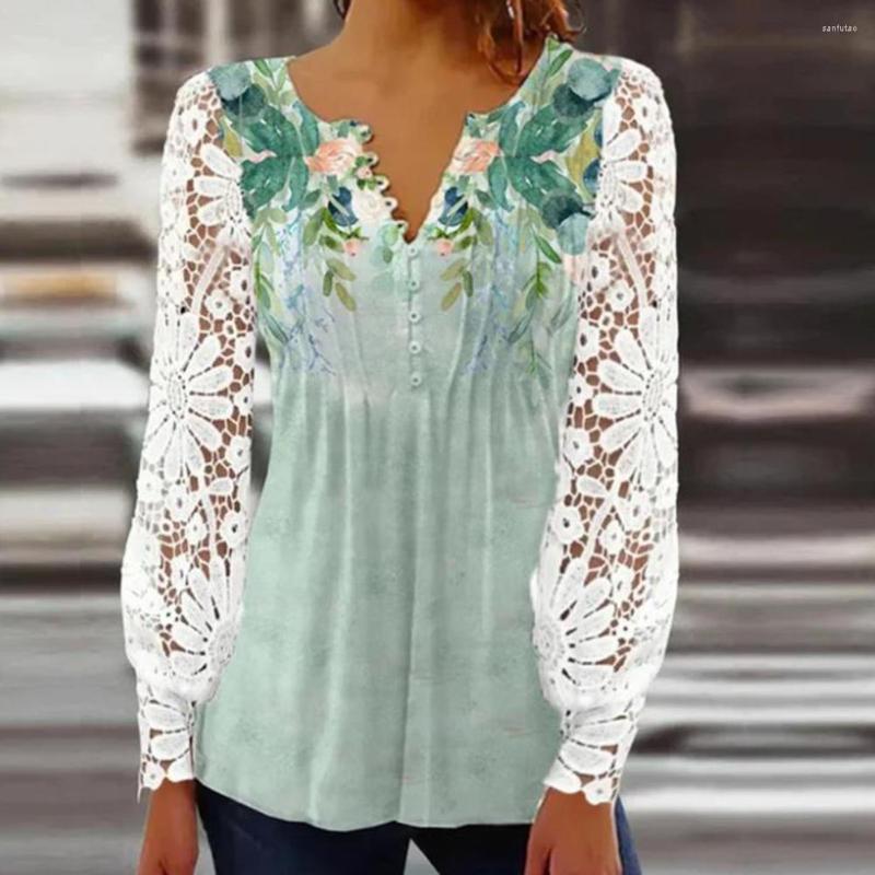 

Women' Blouses Women T-shirt Flower Pattern Hollow-out Lace Sleeves V Neck Slim Fitting Single Breasted Summer Patchwork Blouse, Green