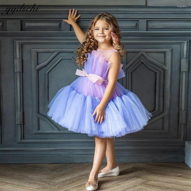 

Girl Dresses Elegant Sleeveless Tulle Puffy Short Flower For Wedding Princess Knee Length First Communion Gowns With Bow, Custom made color