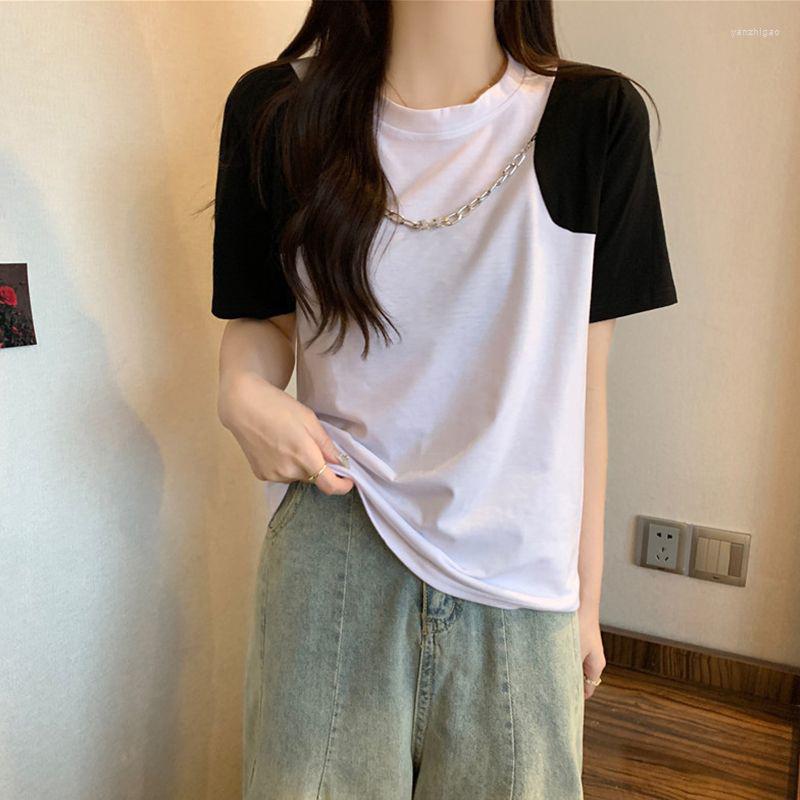 

Women's T Shirts Summer Spliced Hit Color Women Short Sleeve O Neck With Chain Black White Fashion Harajuku Punk 2xl Oversized Clothing