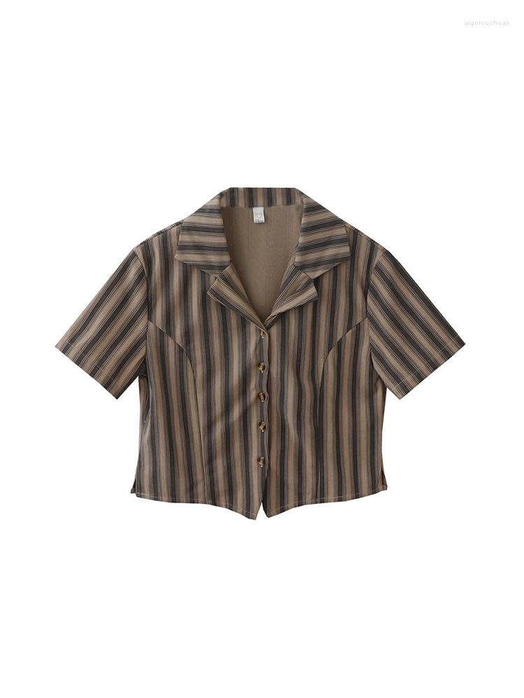 

Women' Blouses Classic Retro Aesthetic Striped Design Women Chiffon Shirt Turn-down Collar Short Sleeve Slim 2023 Summer Fashion, Khaki