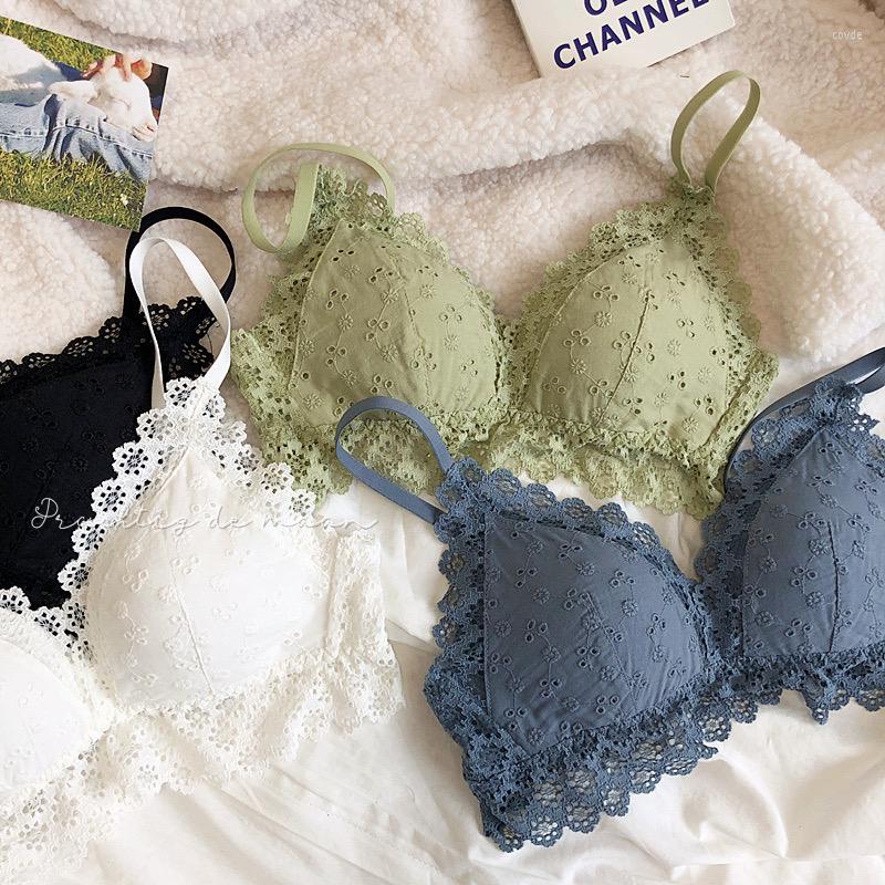 

Bras Only A Bra Small Fresh Cotton Hollow Out Brassiere Lace Wire Free Triangle Cup Thin Girls Intimate Push Up Comfortable Underwear, Black