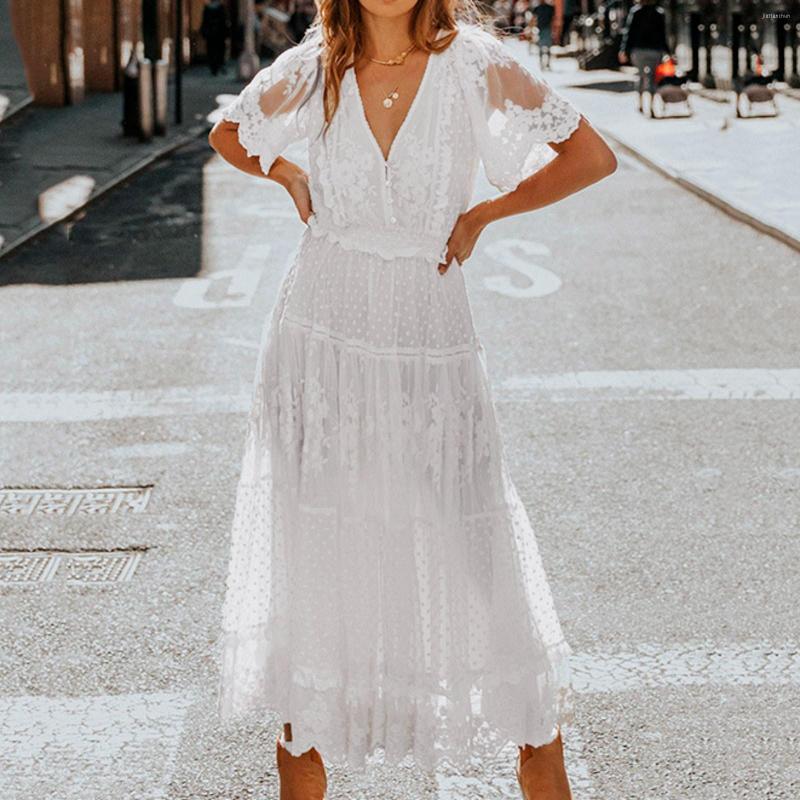 

Casual Dresses Women Summer Short Sleeve V Neck Floral Lace Wedding Bridesmaid Dress Boho Style Maxi Party Gown Long, White