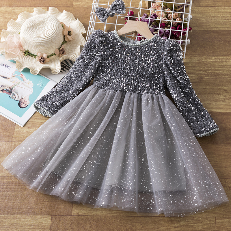 

Girl's Dresses Sequin Girls Princess Party for 38 Yrs Kids Birthday Wedding Evening Prom Gown Spring Fall Long Sleeve Children's Dress 230413, Black