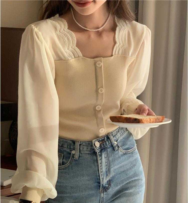

Autumn Pure Desire Style Chiffon Shirts Patchwork Waist Slimming Single, Black