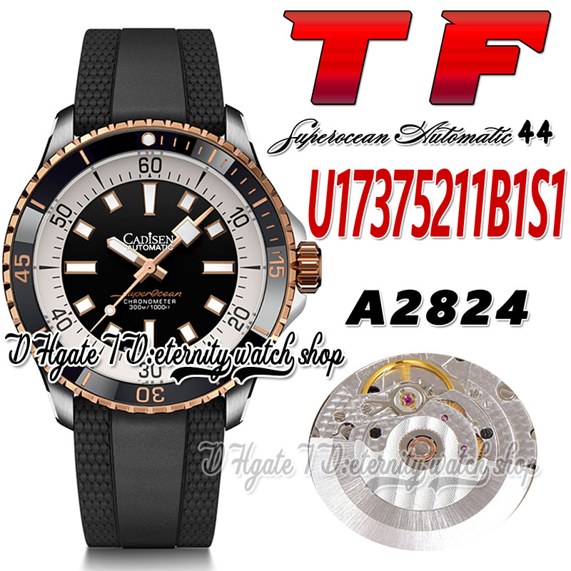 

TF Superocean 44 ETA A2824 Automatic Mens Watch U17375211B1S1 Ceramic Bezel Black White Dial Stick Markers Steel Case Rubber Strap Super Edition eternity Watches, Watch waterproof production cost