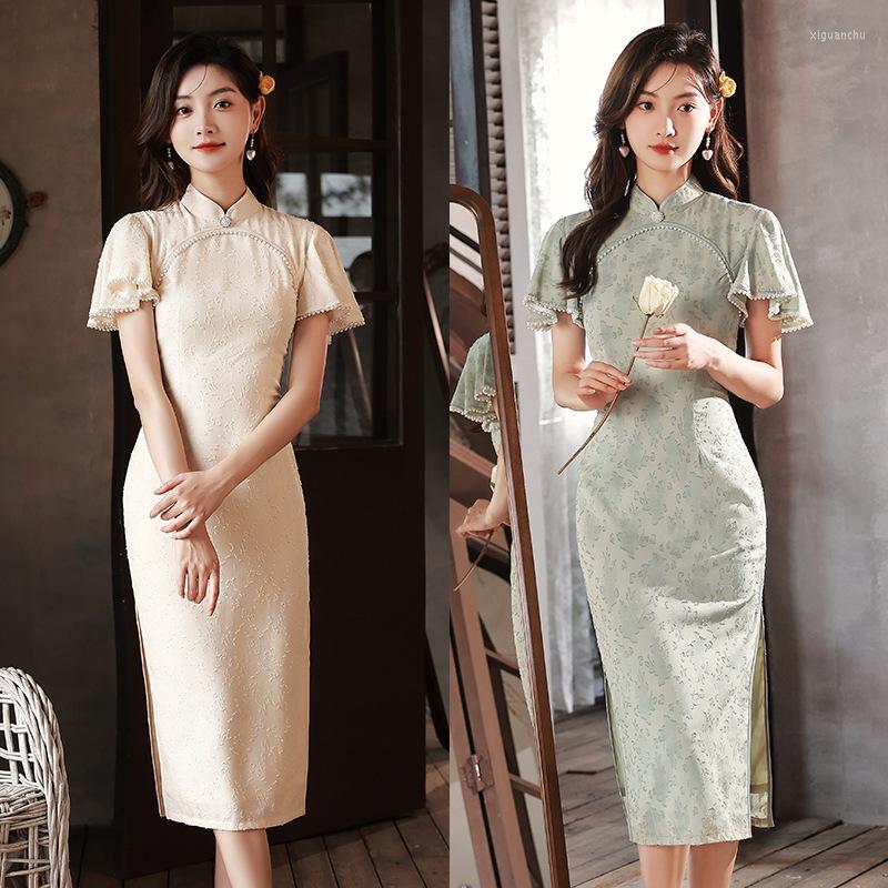 

Ethnic Clothing Elegant Sexy Improved Beaded Flying Sleeve Chiffon Cheongsam Vintage Mandarin Collar Orientale Chinese Women Qipao Vestido