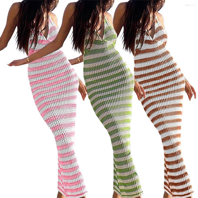 

Casual Dresses 2023 Spring And Summer Beach Knitted V-neck Lace-up Backless Contrast Color Hollow Striped Fishtail Sexy Dress, Khaki