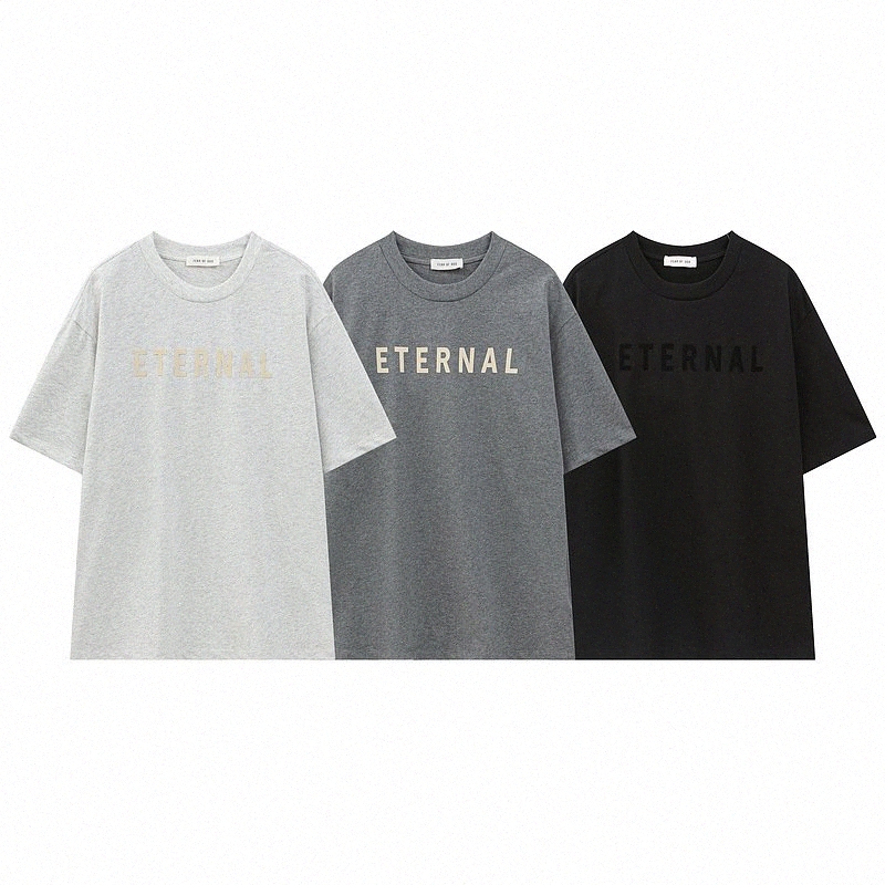 

eternal flocking letter short sleeve 2023 summer new double yarn cotton size FOG tide brand T-shirt K5B1#, Black