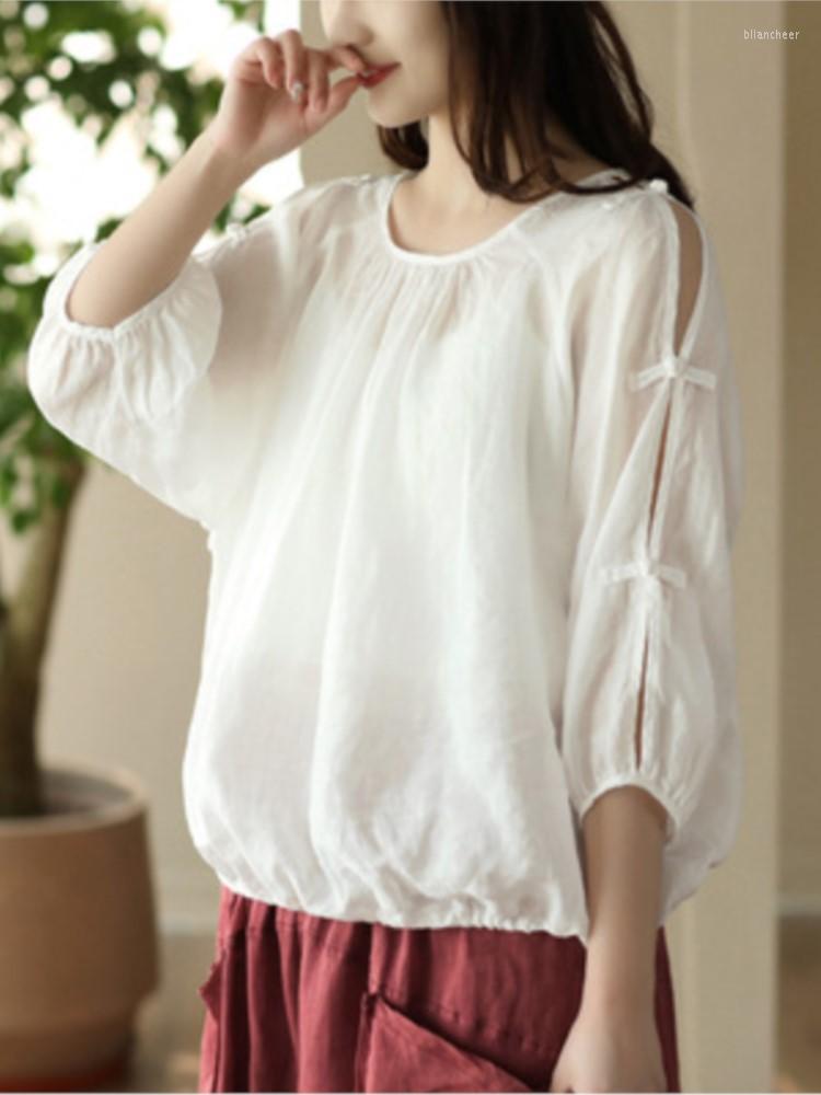 

Women's Blouses Ramie Pullovers Women Summer Casual Loose Hollow Out Retro Tops 2023 O-Neck Simple Blouse, White