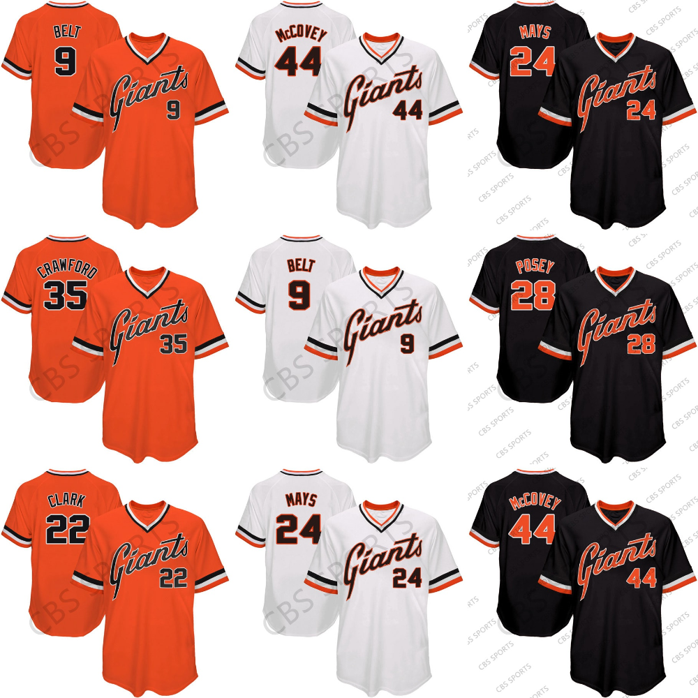 

Giantts Throwback 28 Buster Posey Jerseys Crawford Brandon Belt Will Clark Willie Mays Willie McCovey Barry Bonds Men Women Youth Orange Black White baseball jersey, Flex base mens+patch