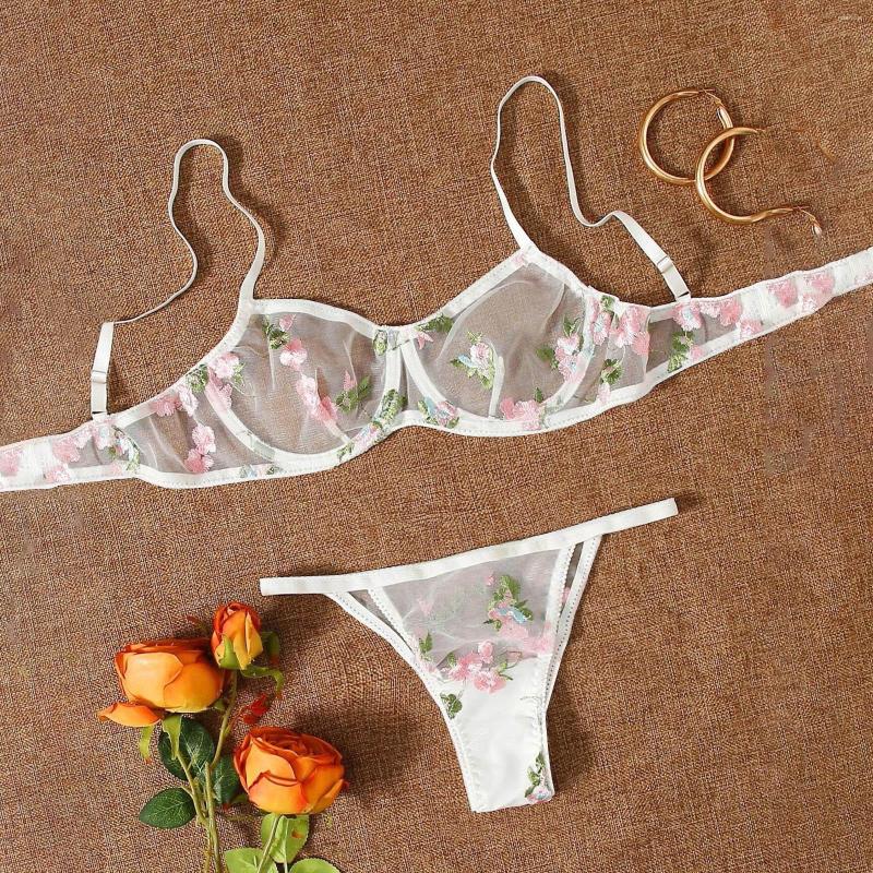 

Bras Sets Erotic Sexy Lingerie Set Flower Lace Bra G-String Transparent Underwear Woman 2 Pieces Ropa Interior Femenina, White