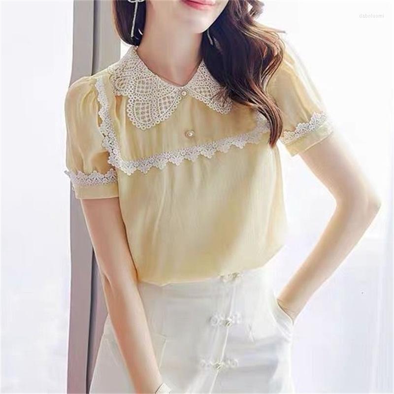

Women's Blouses Woman Spring Summer Style Shirts Lady Casual Short Puff Sleeve Turn-down Collar Blusas Tops G2636, Yellow