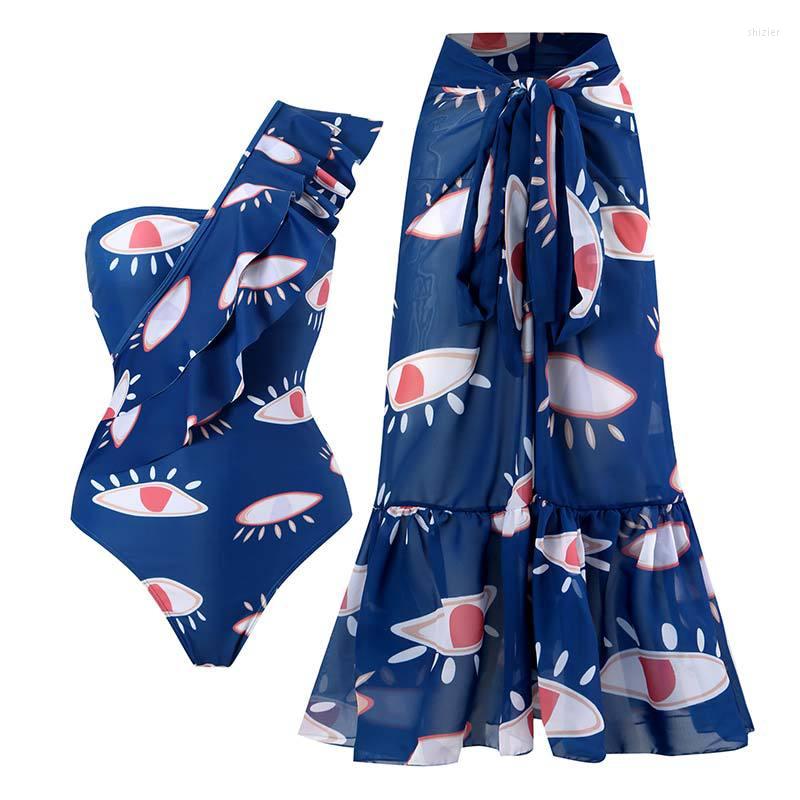 

Women' Swimwear One Shoulder Ruffle Eyes Print Bikini Set Swimsuit & Skirt Female Sexy Slim Piece Deep-V Backless Bathing Suits, Qjyy103b11