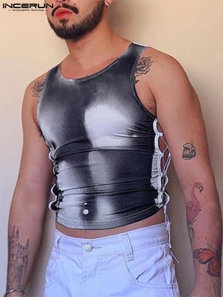 

Men's Tank Tops Printed Round Neck Sleeveless Lace Up Sexy Skinny Vests Summer Streetwear Stylish Crop S-5XL INCERUN 230414, Dark grey