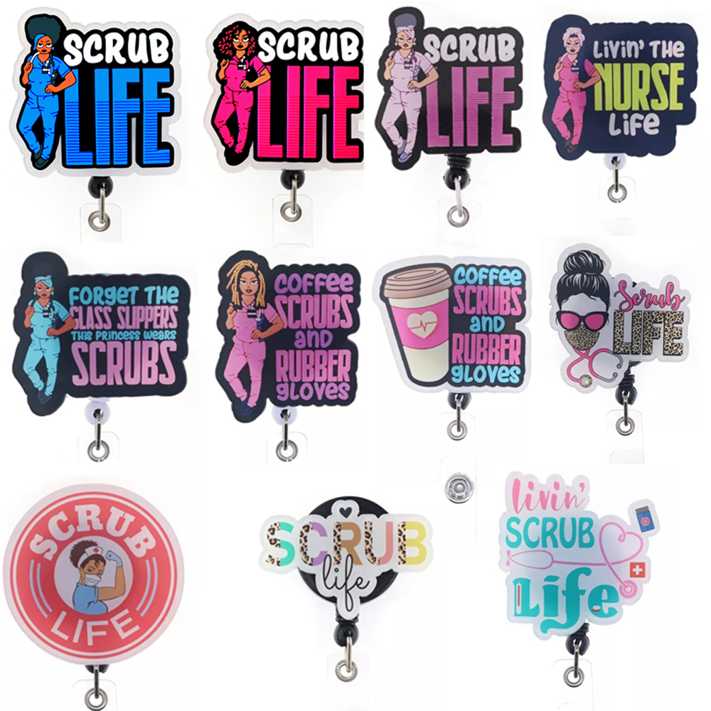 

10 Pcs/Lot Fashion Key Rings Office Supply Medical Series Coffee Scrubs And Rubber Gloves Badge Reel Scrub Life Girl Worker Accessories Badge Holder