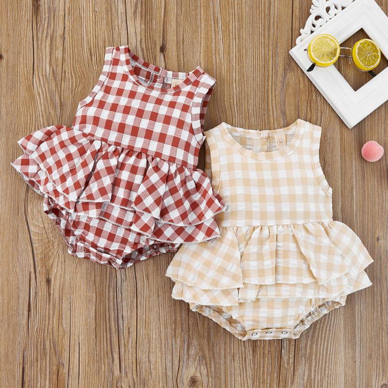 

Rompers Baby Girls Romper Plaid Print Design Round Neck Sleeveless Ruffle Trim Bottom Snap Summer Jumpsuit
