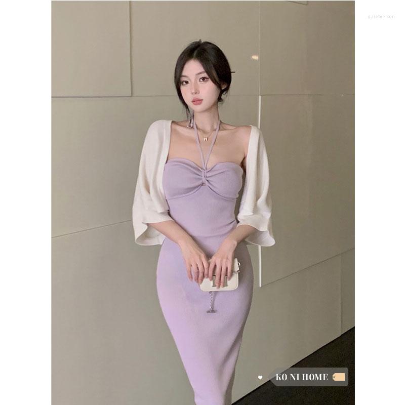 

Work Dresses GkyocQ Women Dress Sets Solid Knitted Cardigan Halter Purple Long Bandage Korean Fashion Two Piece Set Chic Outfit, 2pc set