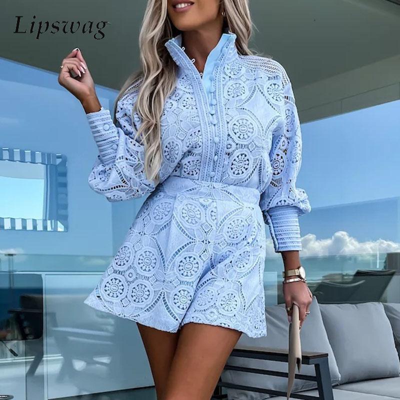 

Women's Tracksuits Spring Long Sleeve Shirt Embroidery Shorts Pants Suit Fashion Women Solid Office Matching Set Elegant Lace Hollow Two Piece 230413, 03 blue