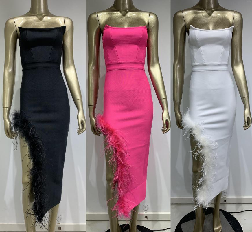 

Casual Dresses 2023 Summer Designer Elastic Bandage Dress For Women Strapless Open Leg With Furry Long Birthday Celebrity Evening Prom Gowns, Rose red