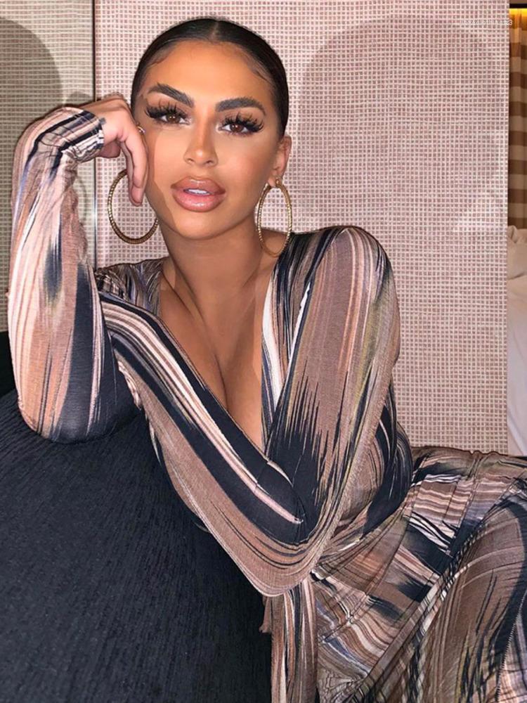 

Casual Dresses Mozision Stripe Print Maxi Dress For Women Robe 2023 Spring Deep V Neck Full Sleeve Bodycon Long Vestido Clothes, Brown