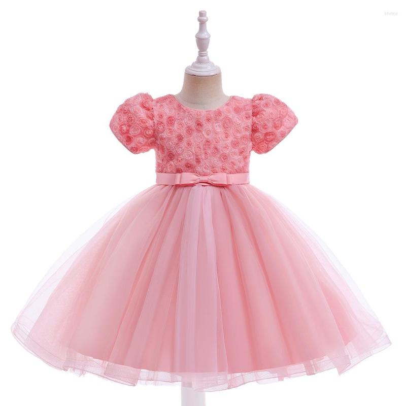 

Girl Dresses Pink Short SleevesFlower Dress For Kids Handmade Flowers Wedding Party Prom Gown TulleTutu Children's Princess, L5351-pink