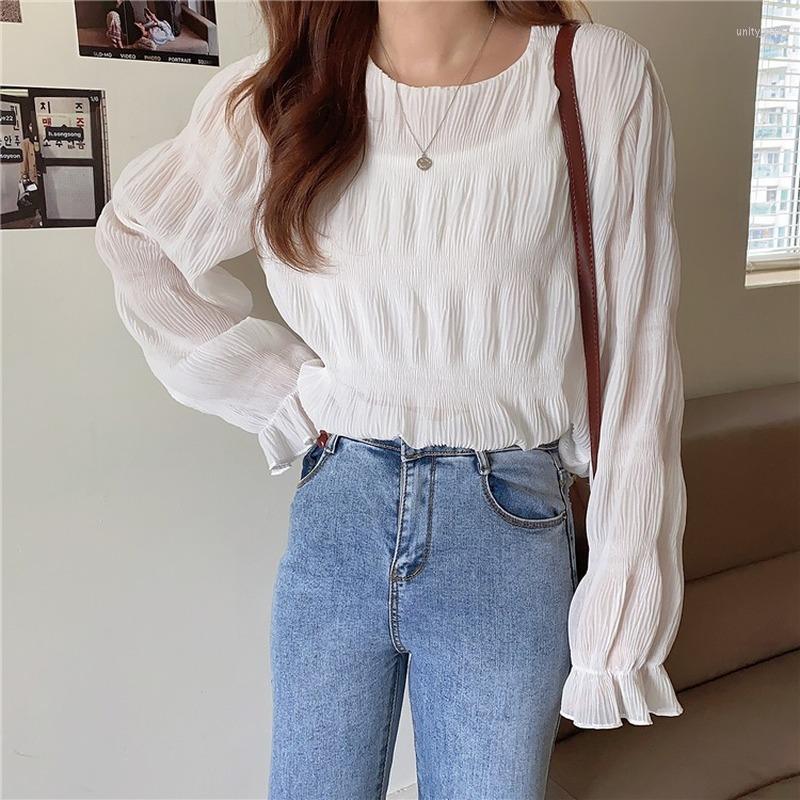 

Women's T Shirts Autumn Style Korean T-shirt O-neck Long-sleeved Elegant This Pleated Top Ladies Pure Color Casual Fashion Y2k Aesthetic, Black