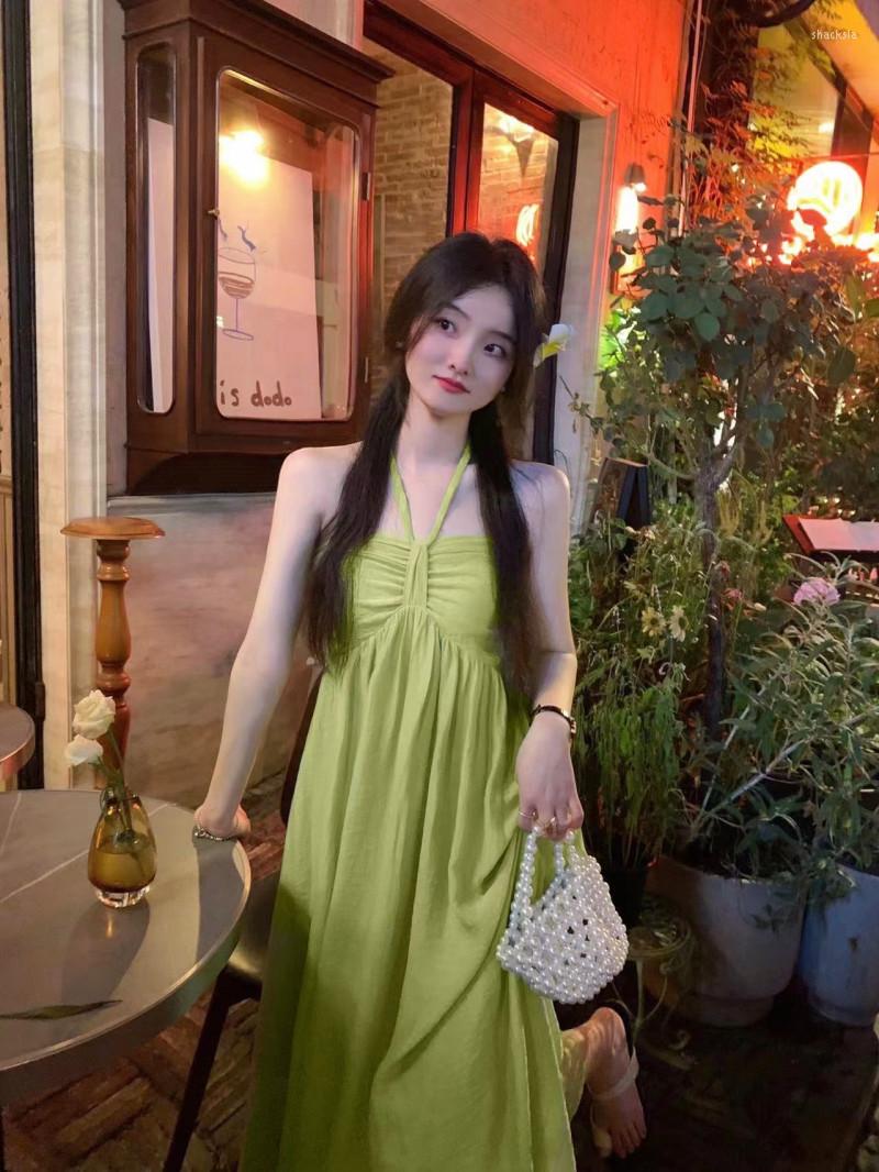 

Casual Dresses Pure Desire French Halter Neck Camisole Dress Women Summer Gentle Fairycore Thin Chest Wrapping Mid-Calf Female Clothing, Light green