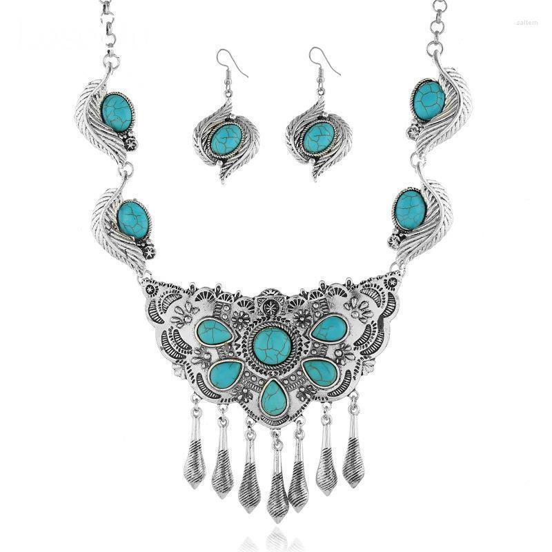 

Necklace Earrings Set LosoDo European And American Fashion Retro Bohemian Ethnic Style Texture Inlaid Turquoise Clavicle Chain, Picture shown