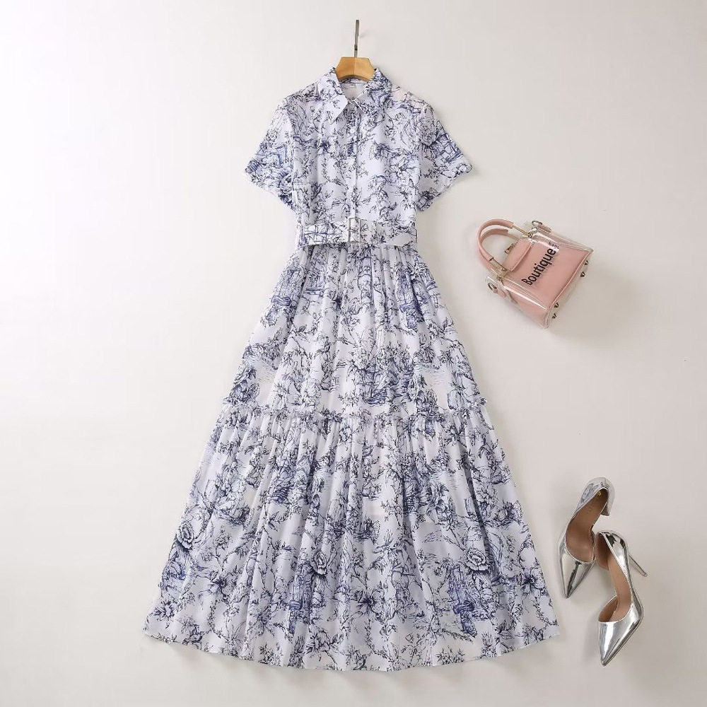 

2023 Summer Blue Floral Print Belted Dress Short Sleeve Lapel Neck Panelled Midi Casual Dresses A3A101527, Multi