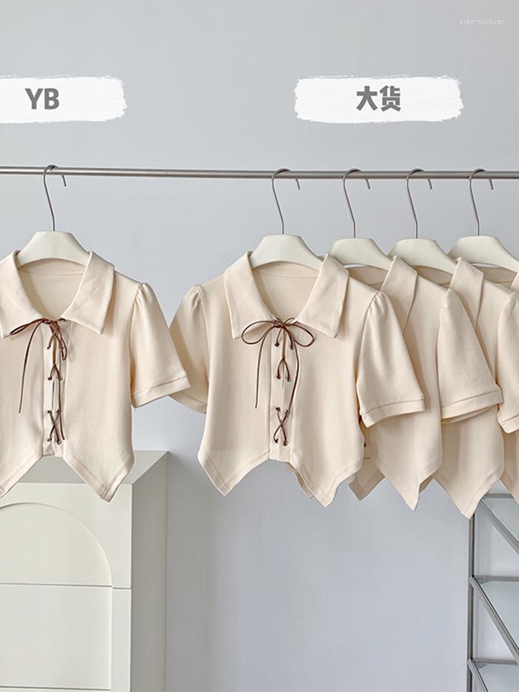 

Women' Blouses American Style Vintage Lapel Women Crop Shirt Short Sleeve Tie Up Design 2000s Female Irregular Hem Bandage Clothes Y2K, Beige