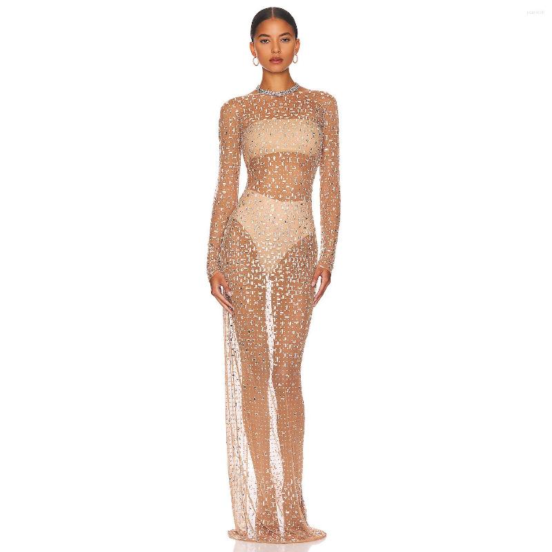 

Stage Wear Luxury Rhinestone Mesh Long Dress Evening Party Singer Model Catwalk Transparent Gown Costume Prom Birthday Celebrate, Nude dress
