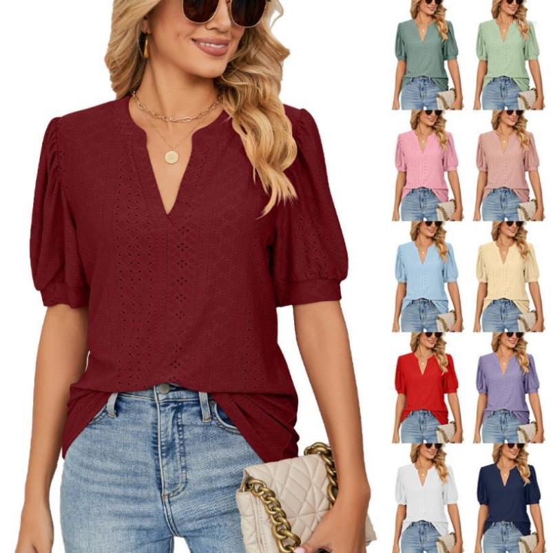 

Women's T Shirts 2023 Summer Casual V-neck Solid Color Hollowed Out Bubble Sleeve Loose T-shirt Top Female, Color 4