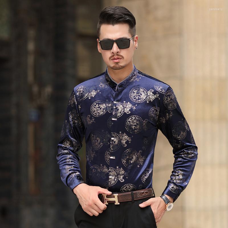 

Men' Dress Shirts High-End Pattern 3D Print Fashion Luxury Long Sleeve Shirt 2023 High-Quality Soft Comfortable Men Stand Collar -3XL, 7720 dark blue