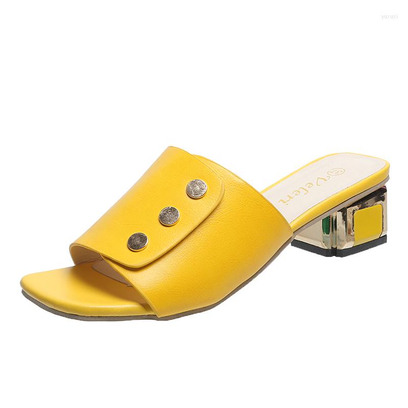 

Slippers Sweet Summer Women Mules Slides Casual Square Mid Heels Shoes For Metal Decoration Plus Size Leisure, Black