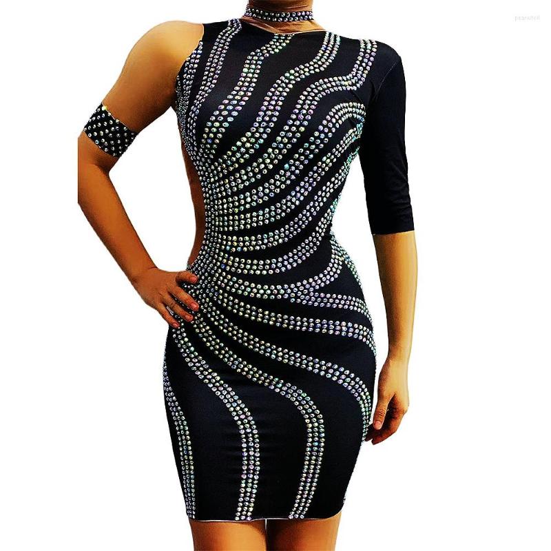 

Stage Wear One-Shoulder Skinny Elastic Black Short Dress Shining Beaded Diamonds Women Dresses DJ Singer Dance Nightclub Outfit