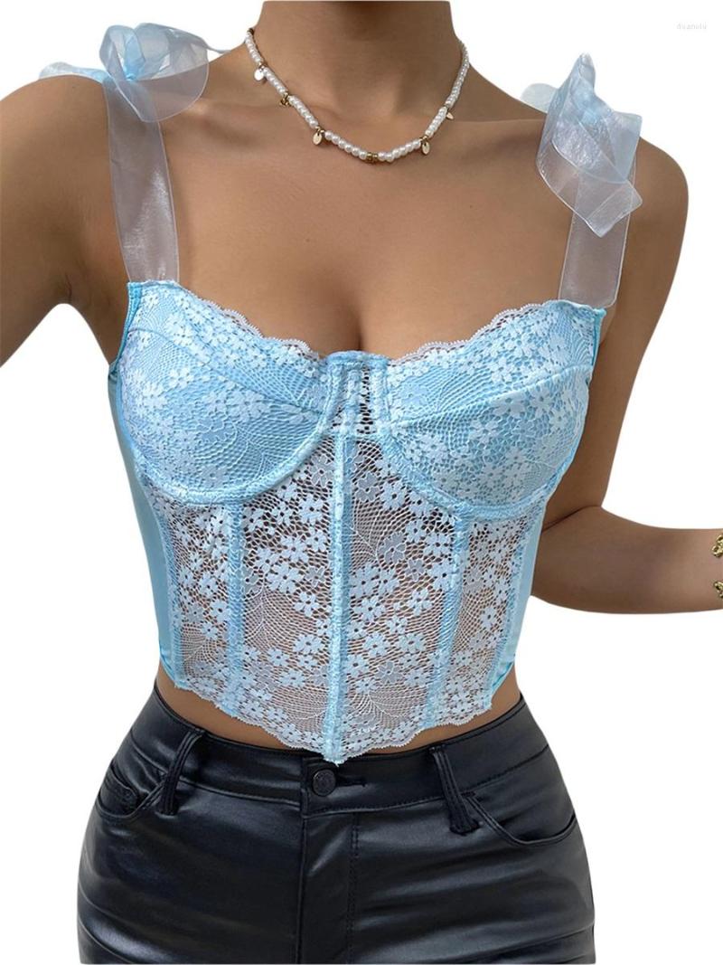 

Women's Tanks Women Floral Lace Bustier Sexy Push Up Adjustable Tie Shoulder Corset Top Slim Fit See Through Tank, Blue