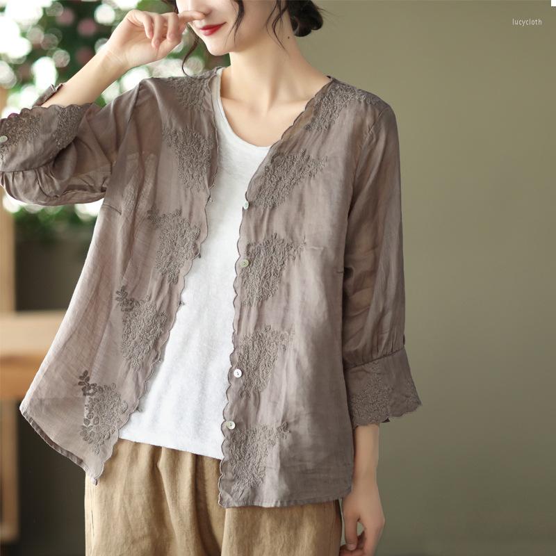 

Women's Blouses 22 Women Ramie Shirts Spring Mori Girl Style Floral Embroidery Loose V-Neck Collar Single-Breasted Female Tide Tops Wild, Blue