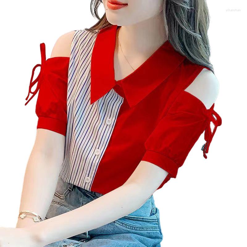 

Women's Blouses Spring Summer Shirts Lady Fashion Casual Short Sleeve Turn-down Collar Contrasting Colors Blusas Tops G2455, Orange