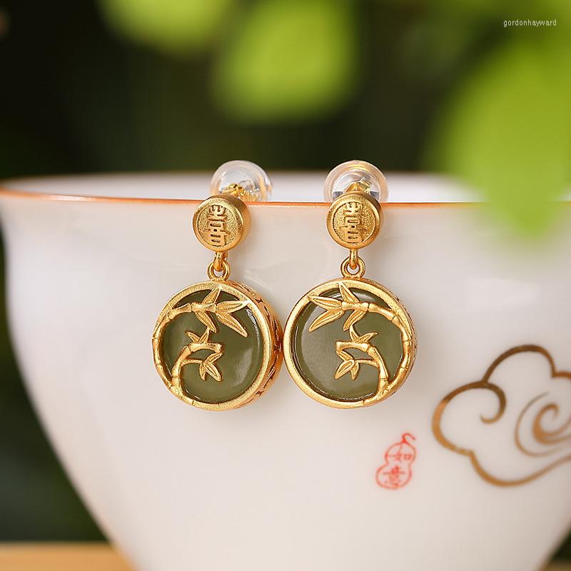 

Dangle Earrings Ancient Gold Craftsmanship Round Bamboo Shape Natural Hetian Jade For Women In Vintage Jewelry Hanfu Accessories