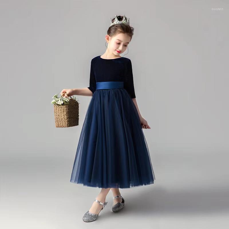 

Girl Dresses Ball Gown Princess Navy Blue Flower 2023 Scoop Neck With 3/4 Sleeves, Black