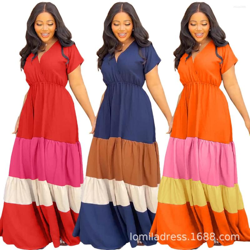 

Casual Dresses 2023 Women' Spring And Summer Short Sleeves V-neck Elastic High Waist Color Contrast Patchwork Loose Long Dress, Red