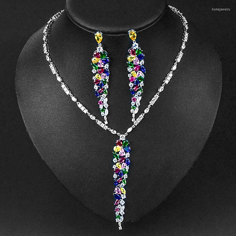 

Dangle Earrings Brand Genuine Luxury Real Jewels Tassel Long Necklace Earring Set Color Zircon Copper Jewelry Two Piece Evening Dress