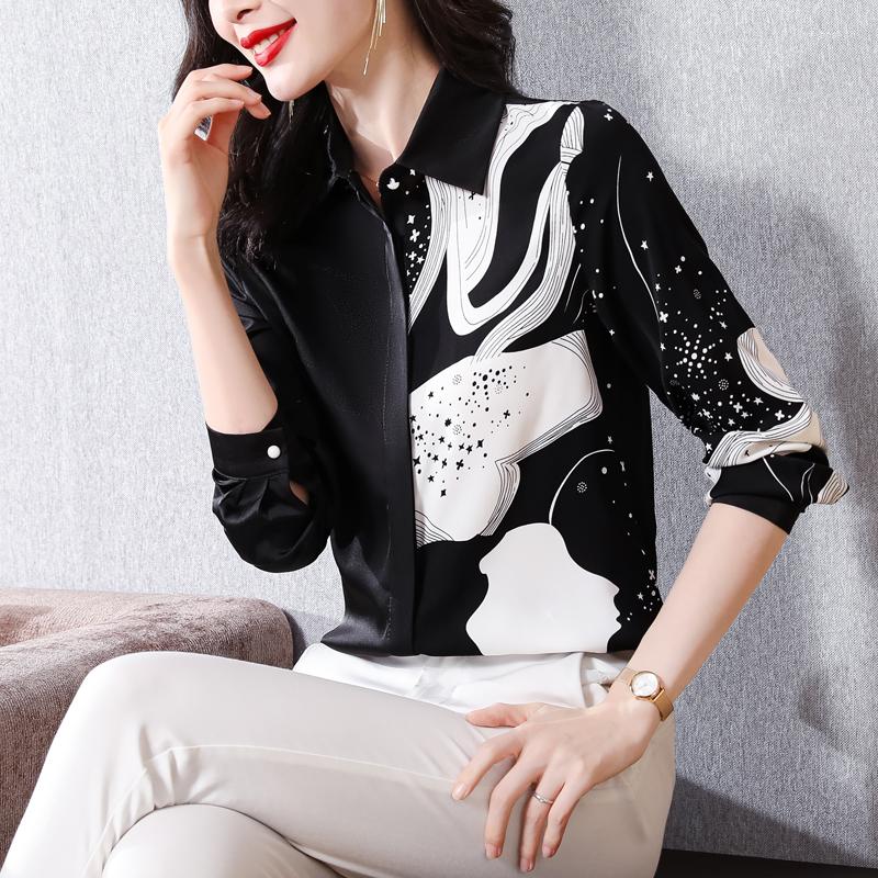 

Women's Blouses 2023 Autumn Fashion Black Print Satin Long-sleeve Women Shirts Office Lady Work Formal Vintage Blouse Female