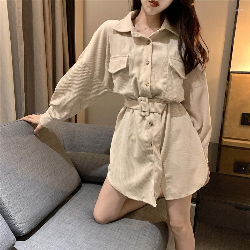 

Women's Blouses Women Velvet Ivory Pink Solid Turn Down Collar Long Sleeve Full Shirt Sash Corduroy High Street, Khaki
